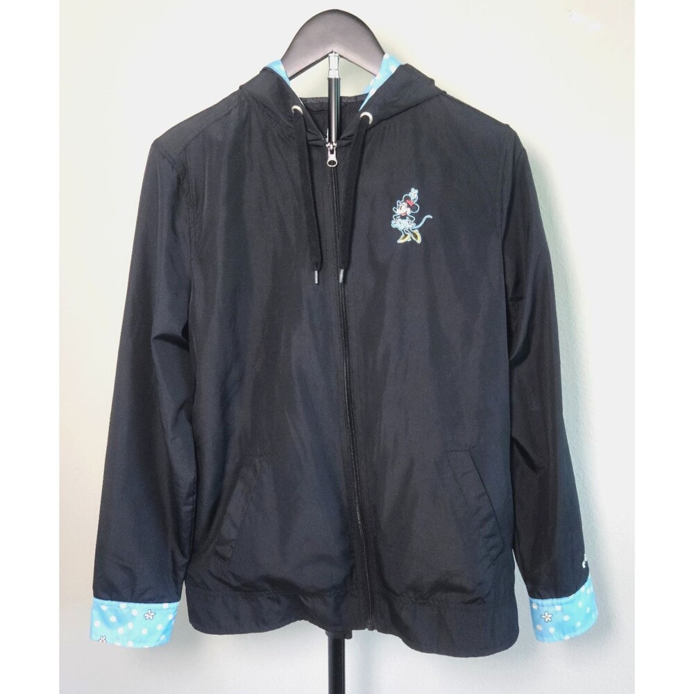 Disney Parks Minnie Mouse Womens Jacket Small Black Hooded Windbreaker Polka Dot